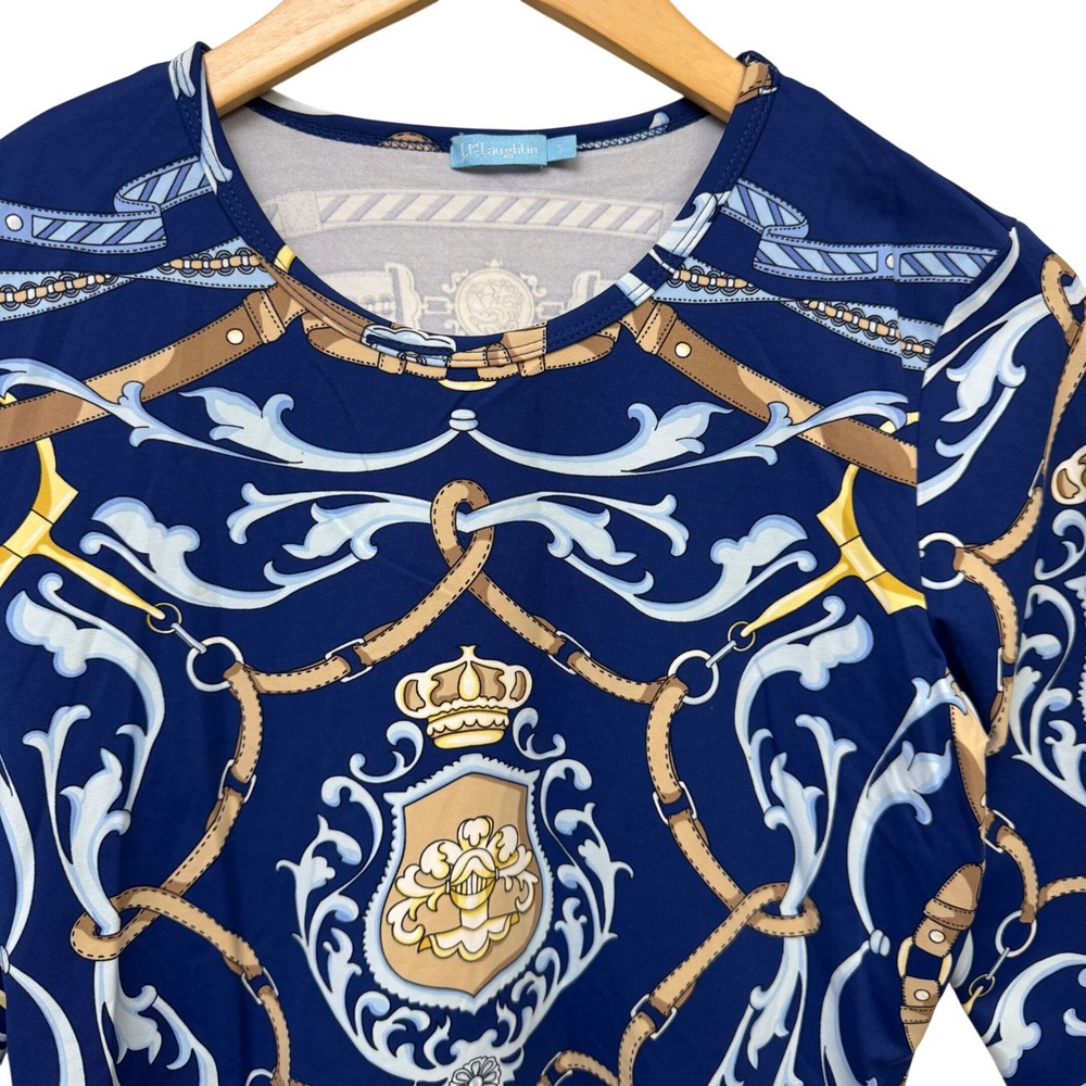 J. McLaughlin Top Small Navy Blue Equestrian Scarf Print 3/4 Sleeve Shirt - Picture 2 of 6